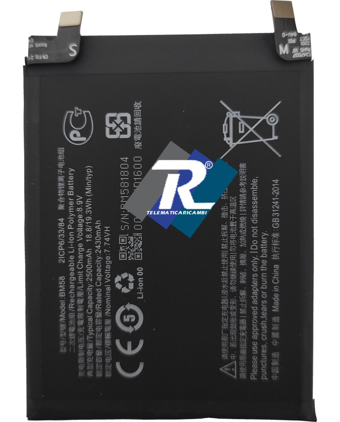 BATTERIA BM58 PER XIAOMI MI 11T PRO 2107113SG 2500 mAh SOSTITUISCE ORIGINALE