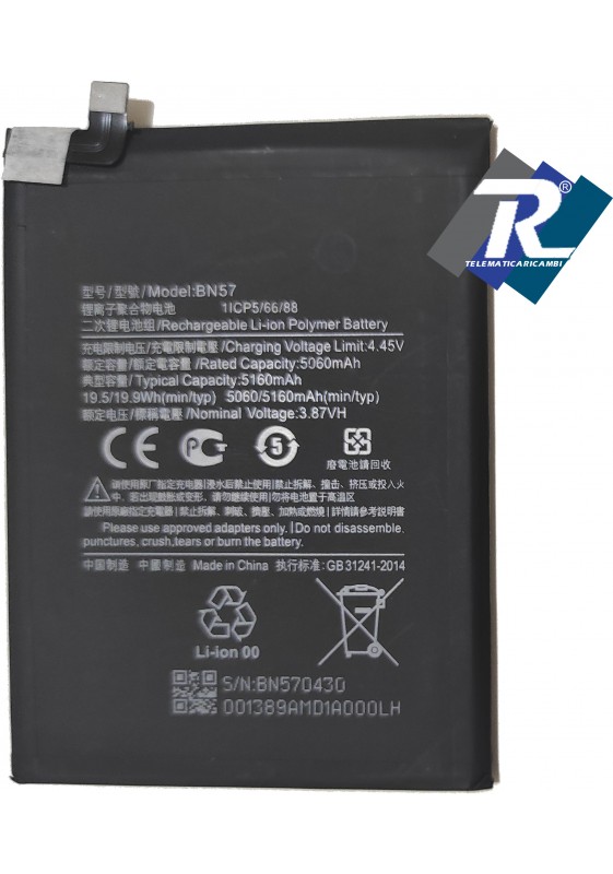 BATTERIA BN57 PER XIAOMI POCO X3 M2007J20CG M2007J20CT 5160mAh SOSTIT. ORIGINALE